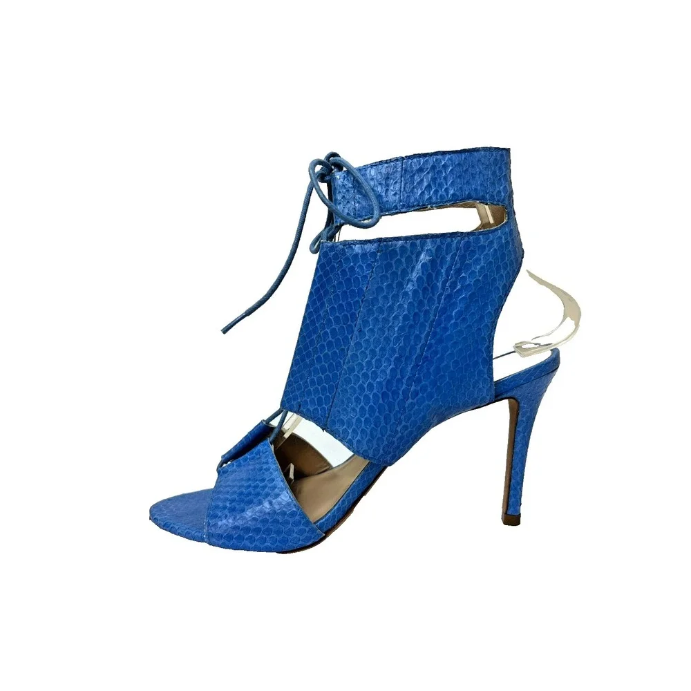 Loeffler Randall Ankle Cutout Sandals Blue‎ Reptile Lace Up Stiletto Heel SZ 8